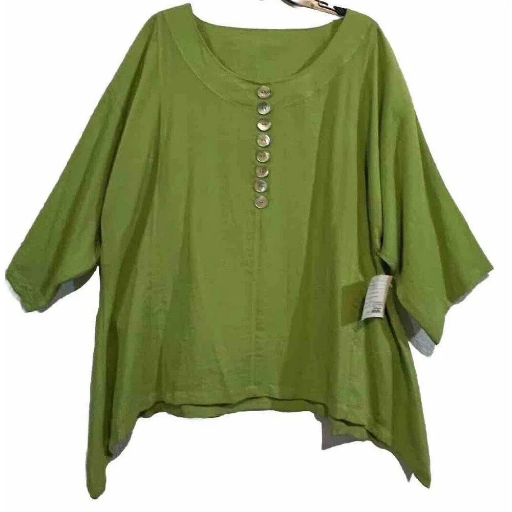 New Fridaze Top Womens‎ XL Kiwi Green Linen Buttons 3/4 Sleeve Blouse